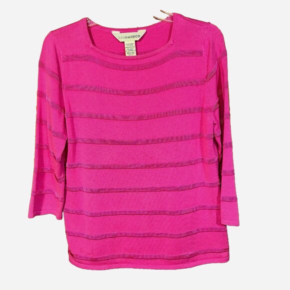 Sag Harbor Y2K Fuchsia Pink Striped Square Neck 3/4 Sleeve Sweater VTG Size M - Picture 1 of 5